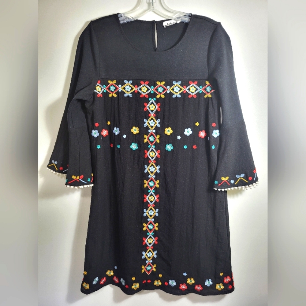 THML by Anthropology black embroidered tunic dress women's S #2336